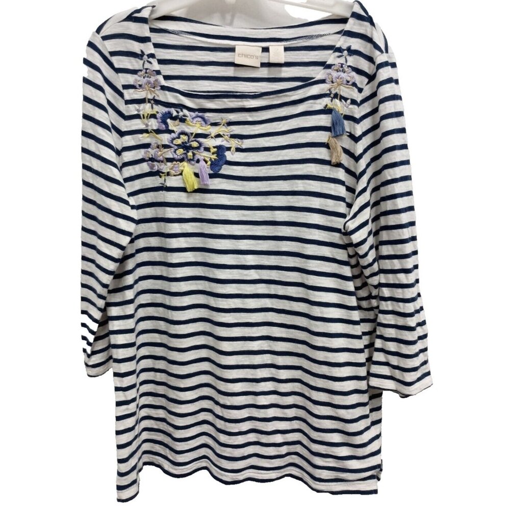 Chicos BOHO Cottage Top Womens Large White Navy‎ Striped Embroidered Tasseled